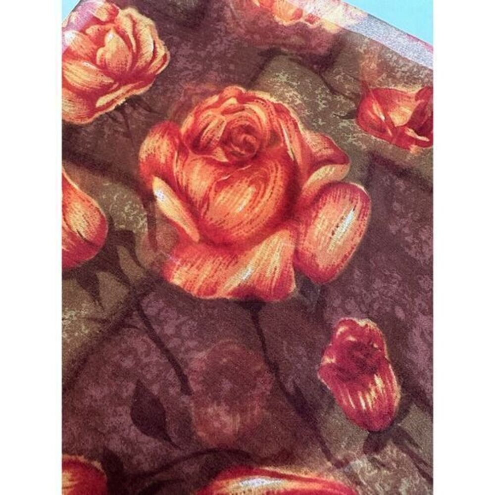 Vintage Red Orange Brown Floral Print Scarf 26x25 Good Condition Sheer‎